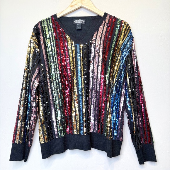 Oliver.O | Multicolored Sequins Embellished Metallic Jewel Tone Knit Sweater - Picture 3 of 16